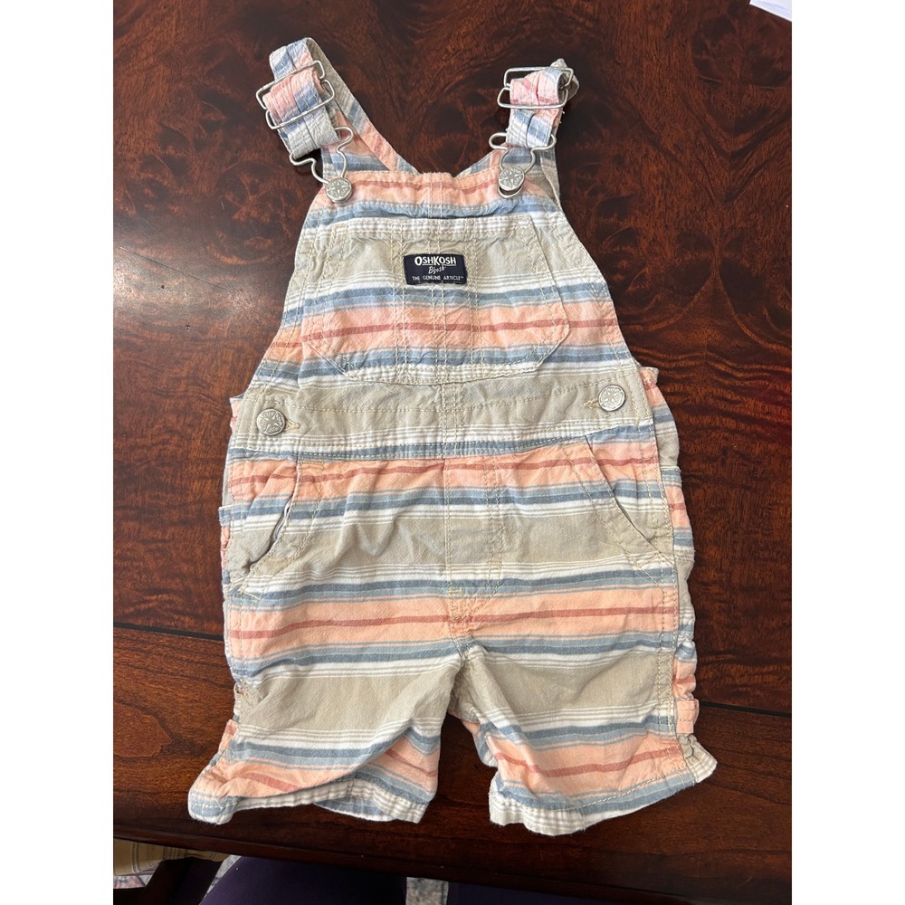 OshKosh B'gosh Toddler 2T Striped Vestbak Shortalls Overalls Blue Orange Tan